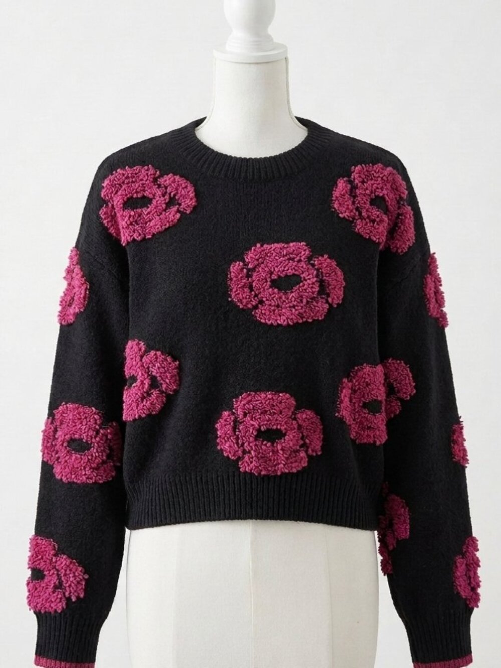 SHEIN Black Crewneck Sweater with Hot Pink Floral Tufting